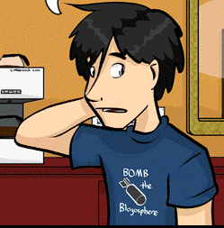 Comic strip character Marten Reed wearing a blue T-shirt that reads BOMB the Blogosphere